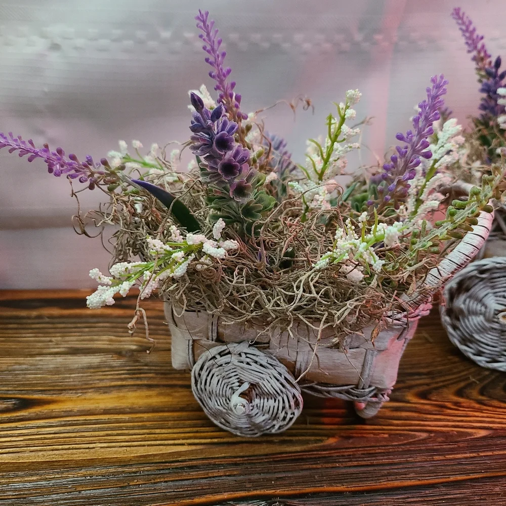 Set of Two Cottagecore Wicker Planters with Lavendar Flowers